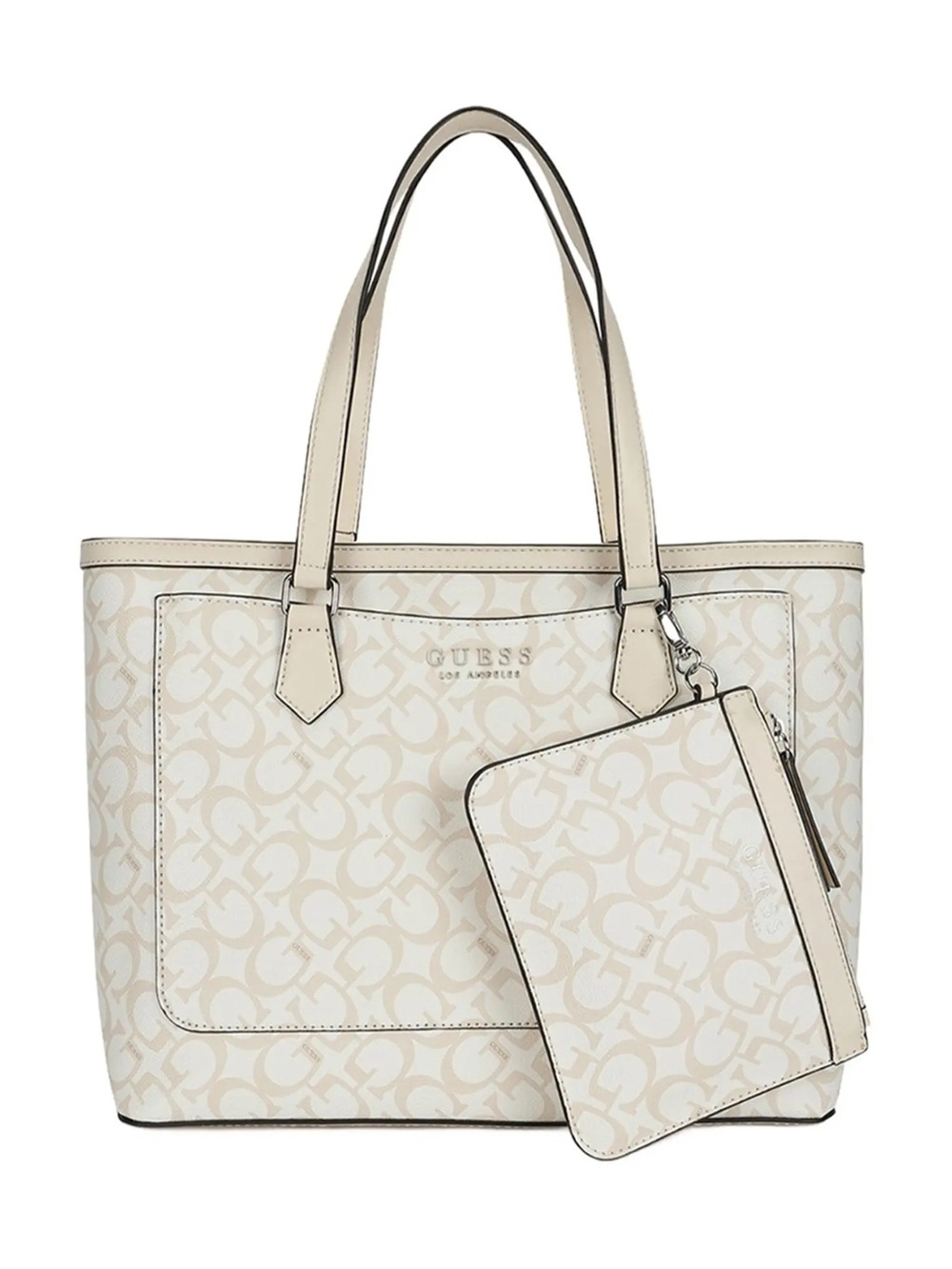 GUESS White All-Over Monogram Print Medford Tote Bag with Detachable Pouch
